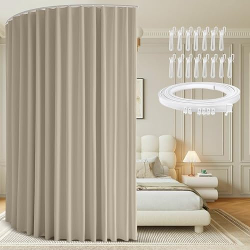 Raumteiler Vorhang mit Schienen H274xB254CM, Deckenmontage Auf Schienen Room Divider Raumtrenner Vorhang Hängend, Trennvorhang Verdunkelung für Schlafzimmer, Wohnzimmer, Büro, Sichtschutz(Beige)