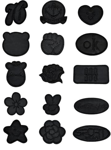 UYRVAPE 15 pezzi toppe termoadesive ricamate, colore nero, in tessuto, da applicare con ferro da stiro o cucire, per vestiti, cappelli, jeans(15 stili)