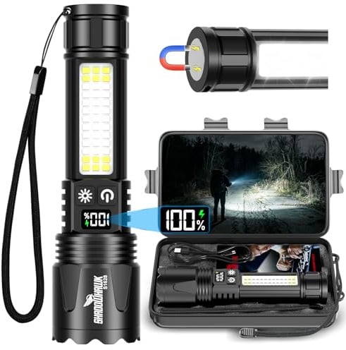 Shadowhawk Extrem helle LED Taschenlampe Aufladbar mit N45 Magnet & 7 Modi | 2 Schalter, COB Arbeitsleuchte, USB C und A, LCD Display, 7 Modi, Taktische Taschenlampe, für Camping, Outdoor, Notfälle