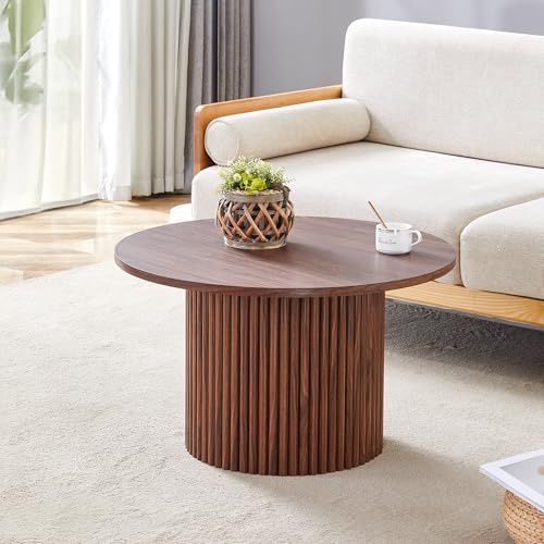 FammyLoft Couchtisch mit Stauraum, Modern Round CoffeeTable mit Römischem Säulendesign, Klein Kaffeetisch für Wohnzimmer/Balkon/Schlafzimmer, Sofa Tisch, 70cm, Dunkle Holzfarbe
