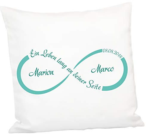 Geschenke 24: Kissen - Unendlichkeit mit Personalisierung (Grün) - personalisiertes Kuschelkissen - Romantisches Zierkissen mit Namen und Datum