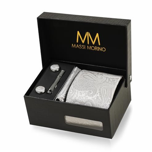 Massi Morino Krawatte Paisley Grau mit Einstecktuch Set Herren inkl. Manschettenknöpfe, Krawattennadel und Geschenkbox - Männer Krawattenset