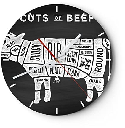 Modern Wanduhr Kuh Rindfleisch Kochen Grafik 40x40cm Rund Groß Wand Uhr Glas Analog Zimmeruhren Küche Büro Wohnzimmer Glasuhr Wall Clock Dekoration Design Wanddekoration Küchenuhr C3AR40x40-3156