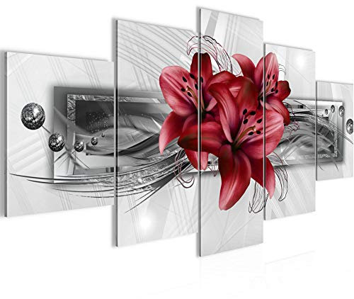 Runa Art - Bilder Blumen Lilien 200 x 100 cm 5 Teilig XXL Wanddekoration Design Grau Rot 008751c