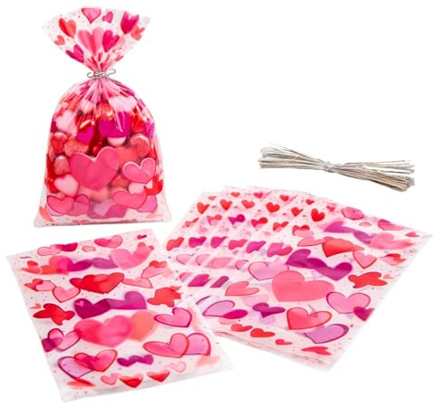 20 Pcs Heart Print Cellophane Gift Bags with Twist Ties, Decorative Cello Treat Bags for Sweets, Party Favours and Small Gifts, Ideal for Valentine’s Day, Birthdays, Christmas and Special Occasions