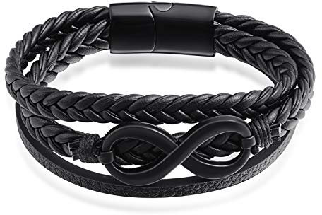 INFINIONLY Herren Mehrschichtiges geflochtenes Leder Edelstahl Armband, Unendlichkeit Symbol Armkettchen, Edelstahl magnetische Schnalle, Schwarz, Weihnachten Geburtstag Geschenk