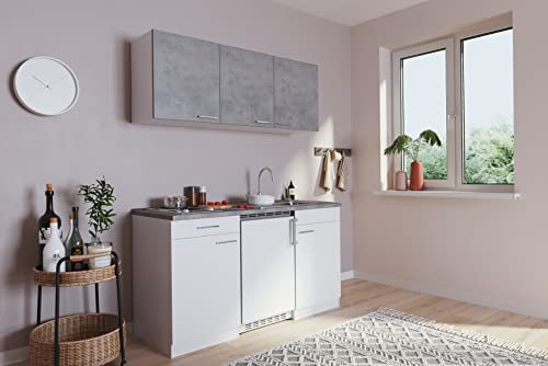 respekta Küche Miniküche Singleküche Küchenzeile Pantry Weiß Beton Luis 150 cm