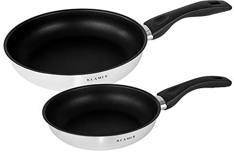 KLAMER Pfannenset Induktion (20 + 24 cm), hochwertige Profi Edelstahlpfanne antihaftbeschichtet mit hohem Rand, backofenfest & spülmaschinengeeignet