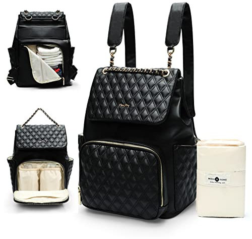 MISS FONG Baby-Wickeltasche, gesteppt, mit Wickelunterlage, Leder, Wickeltasche, Rucksack für Mama und Papa, Krankenhaustasche mit Kinderwagengurten, isolierte Taschen, Schwarz
