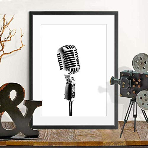 Ling88 Bilder,Poster,Schwarz-Weiß-Mikrofon-Foto-Plakat-Musik-Wandkunst-Leinwand-Druck-Vintage-Gemälde Bild Jazz-Musikliebhaber-Geschenk-Schlafzimmer-Dekor, Plakate-Kunst-Surrealismus,Wanddeko_40X60Cm