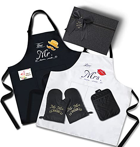 ETLEE Mr. & Mrs. Couple Aprons Set(2PCS) Adjustable Kitchen Cooking Bib Apron Wedding Anniversary Engagement Bridal Shower Gift For Couples and Newlyweds