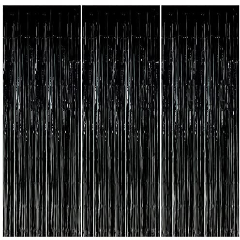 3 Stück Metallic Tinsel Vorhänge, Folie Fransen Vorhange, Schimmer Luftschlangen Vorhang, 1x2m Metallisch Party Lametta Hintergrund für Hochzeit Geburtstag Party Tür Fenster Dekorationen (Schwarz)