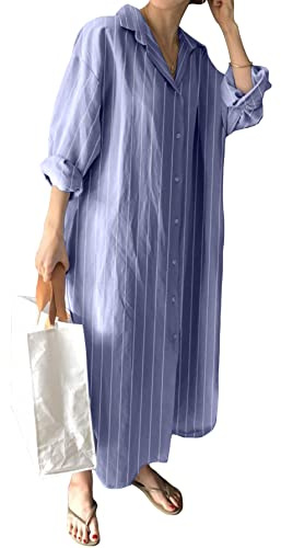 GGUHHU Schickes Damen-Maxikleid mit Knopfleiste und hochgekrämpelten Ärmeln, aus Baumwolle