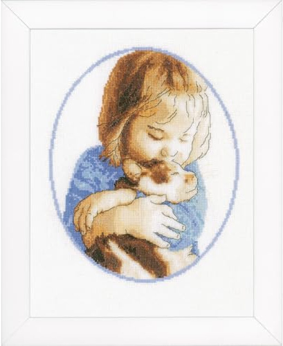 Vervaco Gezählter Kreuzstich Stickpackungen DIY Stickbilder Kuscheln mit der Katze Wanddekoration Handarbeit Set für Erwachsene Kreatives Handwerk ca. 21 x 26 cm Kreuzstichbilder Set Hausdeko
