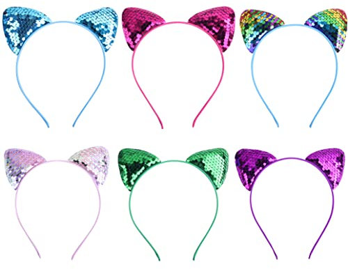 QUUPY Lot de 6 bandeaux à paillettes avec oreilles de chat brillantes pour Halloween, fête d'anniversaire