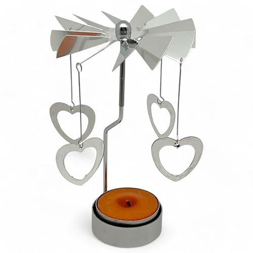 Teelichthalter rotierend Teelicht-Karussell Weihnachten Kerzenhalter aus Metall, rotierender Teelichtleuchter Mini-Pyramide 13.5cm (Silber - Herz)
