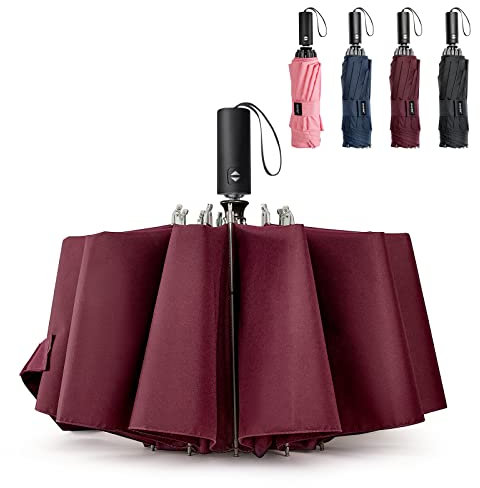 G4Free Grand parapluie de voyage coupe-vent de 137,2 cm pour la pluie, petit parapluie compact pliable à l'envers avec 10 baleines, ouverture automatique (bordeaux)