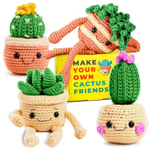 MODDA Häkelset für Anfänger – Anfänger-Häkel-Starter-Set mit leicht verständlichen Video-Tutorials, Häkel-Kits für Erwachsene und Kinder, DIY-Strickzubehör, Kaktus-Set, 4er-Pack Pflanzenfamilie