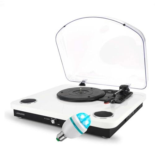 Ledwood Platine vinyles ROUND300 Blanche - 33-45-78 Tours, Haut-parleurs stéréo 2x5W, Encodage USB, Bluetooth, Ampoule LED