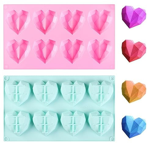 YUDAWN Herzform Backform, 2 Stück Silikon Herzform Kuchenform Schokoladenformen Silikonform Diamant Herz Formen zum Backen fur DIY Mousse Jelly Seifenkerzen (Rosa, Grüner)
