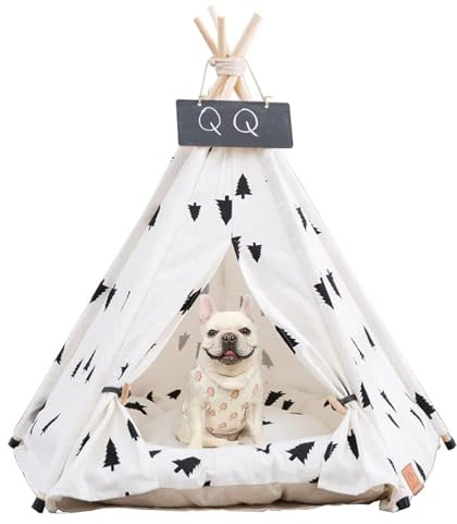 Pet Teepee Dogs Tent 50x50x60cm Dog & Cat Bed with Non-slip Cushion Tree Pattern Removable and Washable Cats Tents Bed Play House