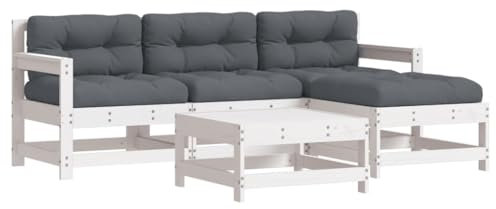 vidaXL Garten Lounge Set 5-TLG., Gartenmöbel Set mit Kissen, Sitzgruppe für Garten Terrasse, Modular Sofa Garnitur Loungemöbel, Weiß Massivholz