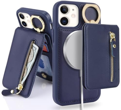 SailorTech iPhone 12 Mini Phone Leather Case with Credit Card Holder Magsafe, iPhone 12 Mini Case Ring Stand with Kickstand Card Slots Wallet Detachable 2-in-1 Zipper Case - Navy Blue