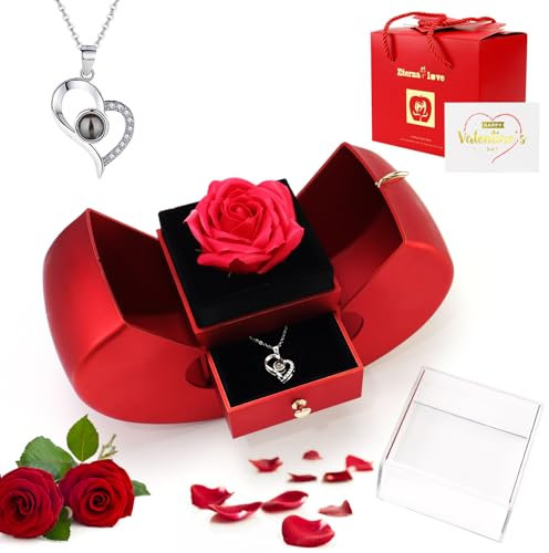 Preserved Red Rose Gifts for Women, Eternal Flowers Rose & I Love You Heart Necklace in 100 Languages with Openable Apple-Shaped Box, Gift for Her Mom Wife Girlfriend