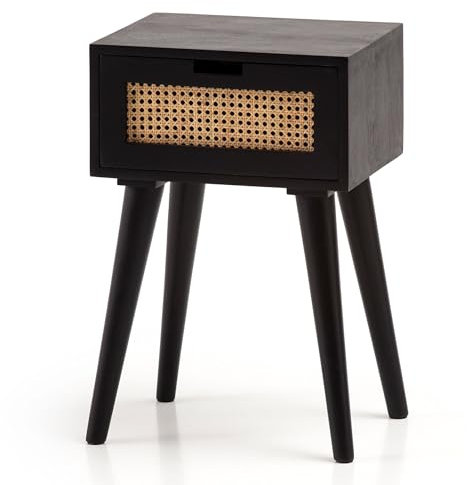 FineBuy Nachtkonsole Mango Massivholz Schwarz mit Rattan & Schublade – Nachttisch im Boho & Natur Design, Nachtkästchen für Boxspringbett, handgefertigt Wiener Geflecht – 40x60x30 cm