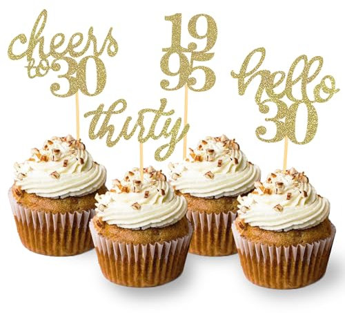 24 PCS Glitter 30th Birthday Cupcake Toppers for Celebrating Thirty Years Old Birthday Party Decorations for 30th Anniversary Party Supplies (Gold)