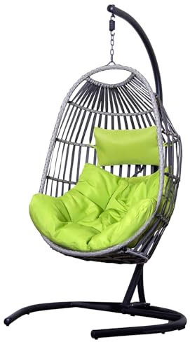 SH&G Hanging Egg Chair | Basket Chair, Stand & Cushion Set | Grey Rattan & Steel with Lime Green Cushion | Signature Homes and Gardens