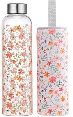 Autsel 500ml Glasflasche Trinkflasche Glas Sport Borosilikat Glass Bottle Wasser Flasche mit Neopren-Hülle mit Auslaufsichere Abdeckung