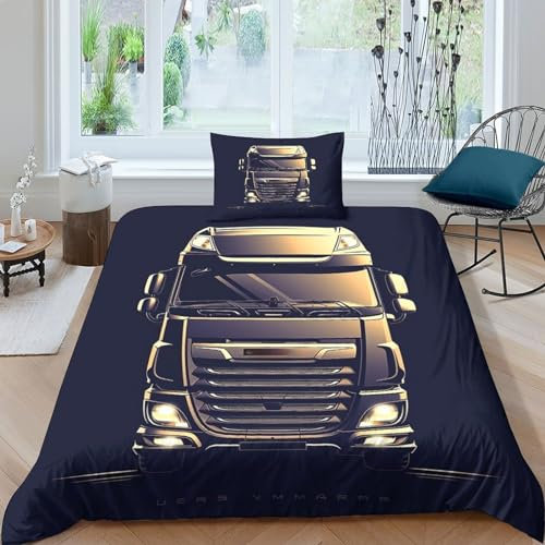 TNFHSOFT 3D-Gedruckte LKW Bettbezug, 3-Teiliges Komplettes Bettwäsche-Set Mit Reißverschlüssen, Pflegeleicht, Geeignet Für Kinder Und Jugendliche Single（135x200cm）