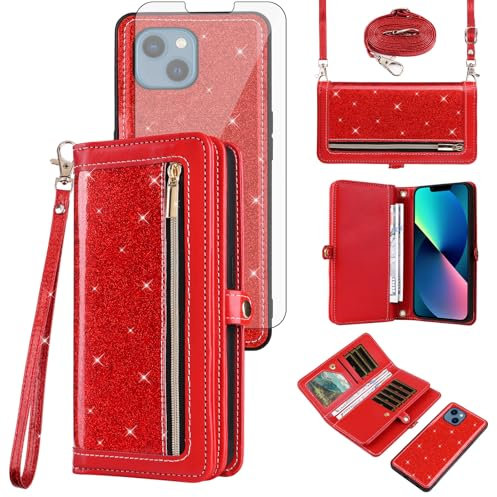 Asuwish Phone Case for iPhone 13 6.1 inch Zipper Wallet Cell Cover with Tempered Glass Screen Protector Crossbody Strap Bling Glitter Flip Card Holder iPhone13 5G i i-Phone i13 iPhone13case Women Red