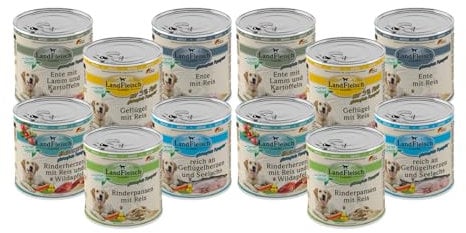 Landfleisch Classic Hundefutter 12 x 800g | Mixpaket mit garantiert 10 Sorten | Nassfutter für Hunde mit extra viel Fleisch und Gemüse