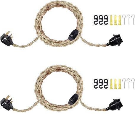 15FT Vintage Plug in Pendant Light Cord Hanging Light Dimmer Switch Kit DIY with Twisted Nylon Rope, Industrial Ceiling Pendant Lighting E26 E27 Socket for Farmhouse Kitchen Cable (03-2Pack)