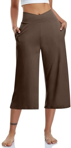 Tumblr Hosen Sommer Yoga-Caprihosen mit Taschen für Damen, lässige Stretch-Yoga-Leggings mit hoher Taille, Bequeme Hose mit weitem Bein Fitness Outfit Damen Set (Coffee, M)