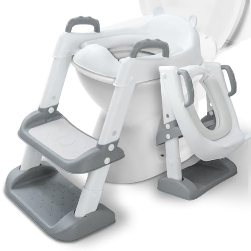 Qintora Riduttore WC Bambini, Scaletta WC per Bambini Pieghevole, Vasino Bambini con Scaletta, 2 in 1 Sedile WC con PU Morbida Seduta Adatto per Imbottita maschi e femmine Tazze WC a V, U, O (Grigio)
