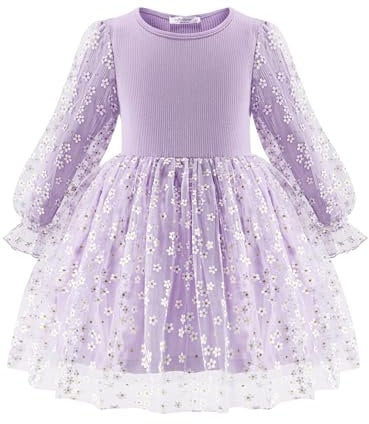 Arshiner Filles Robes Tulle Franges Robe à Manches Longues Enfants Élégante Loisir de Fête Automne Hiver Robes pour Fille 4-5 Ans Violet Clair