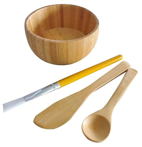 HLYYCC Face Mask Mixing Bowl Set Bamboo 4 Pieces DIY Face Tools for Skin Care Bentonite Clay Mixing Bowl with Face Mask Bowl Spatula Spoon Brush Applicator