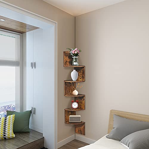 HUOLE Eckregal mit 5 Ebenen, 20 cm breit, Regal in Zickzack-Form, Winkel, Wandregal, Holz, für Schlafzimmer, Wohnzimmer, Büro, Küche (20 x 20 x 120 cm – Retro-Farbe)