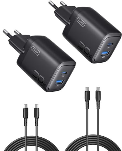 INIU Chargeur USB C, 30W 2-Port [USBC + USBA] Prise USB-C Chargeur Rapide iPhone avec Câble USBC, Multi Secteur PD Type C Adaptateur pour iPhone 16 15 Pro Max, iPad Air, Samsung Galaxy S25 S24 Ultra