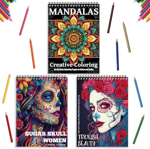 Malbücher für Erwachsene, Entspannungs-Malbuch für Frauen, Spiralbindung, einseitig bedruckt (Mandala & Sugar Skull Women & Terrible Beauty), 3 Stück