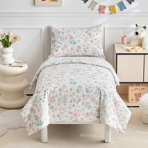DuShow Cotton Cot Bed Duvet Cover Set,Pink Floral Toddler Duvet And Pillowcase Set For Girls,Reversible Junior Toddler Bedding Set Pink-120 x 150 cm