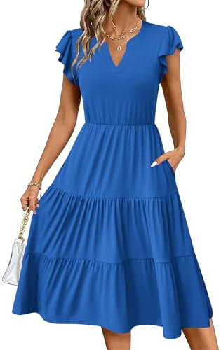 Zeagoo Sommerkleid Damen Freizeit Kleider Einfarbig V-Ausschnitt Strandkleid Rüschen Ärmel Knielanges Kleid Lose A-Linie Kleider mit Tasche Blau M