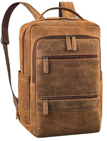 STILORD Torben 15-16 Zoll Laptop-Rucksack Leder Groß - Echt-Leder-Rucksack mit vielen Fächern - Als stylisher Arbeitsrucksack Herren & Damen mit Trolley-Halterung Farbe:Bergamo - braun