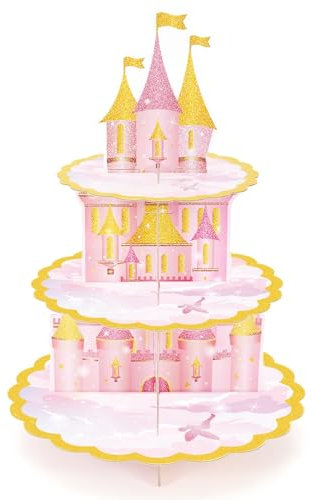 WERNNSAI Pink Castle Cupcake Stand - 3 Tier Princess Cupcake Stand Cardboard Dessert Tower for Kids Girls Princess Birthday Party Decorations cake Holder Party Dessert Display Stand
