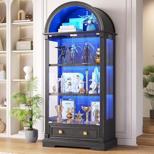 Armoire noire avec portes en verre, vitrine arquée de 183 cm de haut avec capteurs de lumière humaine, vitrine à 4 niveaux pour objets de collection, bibliothèque, salon