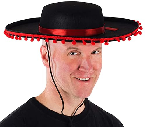 Liakyunf Mexikanischer Sombrero-Hut, großer mexikanischer Sombrero-Hut mit Ball, breite Krempe, spanisches Outfit, Zubehör, Flamenco, Cosplay-Kostüm für Damen, Herren und Erwachsene