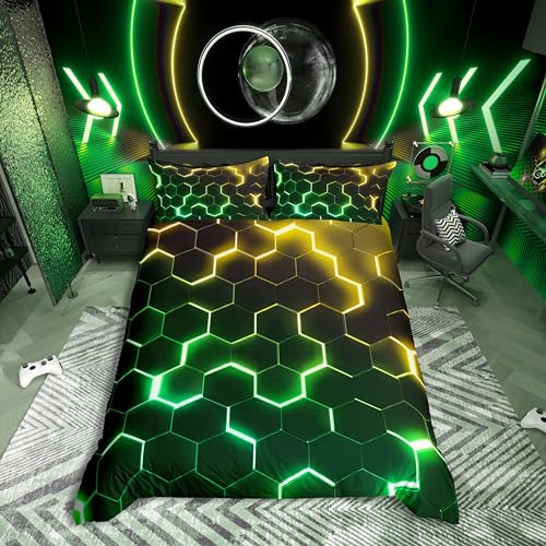 Homewish Gelb Grün Abstrakte Waben Geometrie Bettwäsche 135x200,3D Geometrische Sechseck Bienenstock Bettbezug für Kinder Jungen Mädchen,Neon Stereoskopische Bienenwabe Bettwäscheset Weich Raumdekor